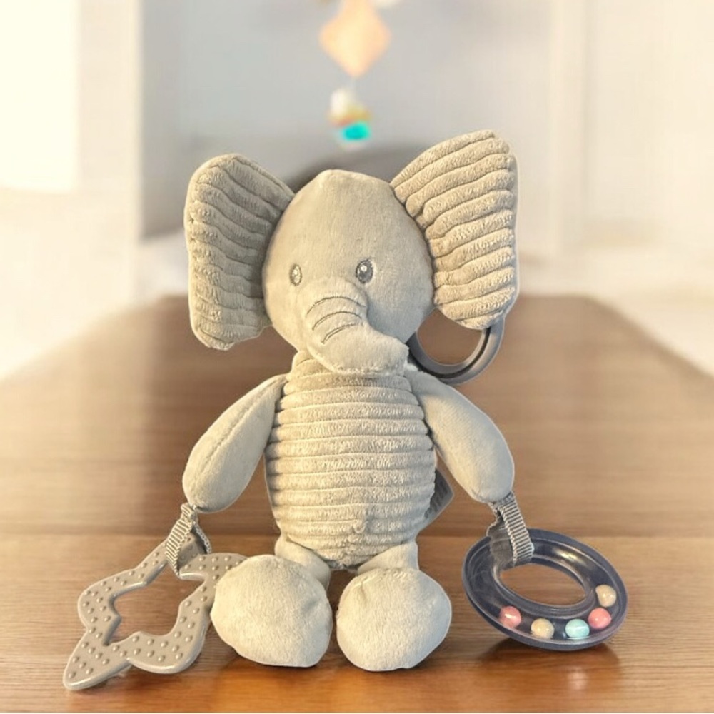 Manhattan Kids Plush Elephant Activity Crib Stroller Toy Rattle 8” Lovey